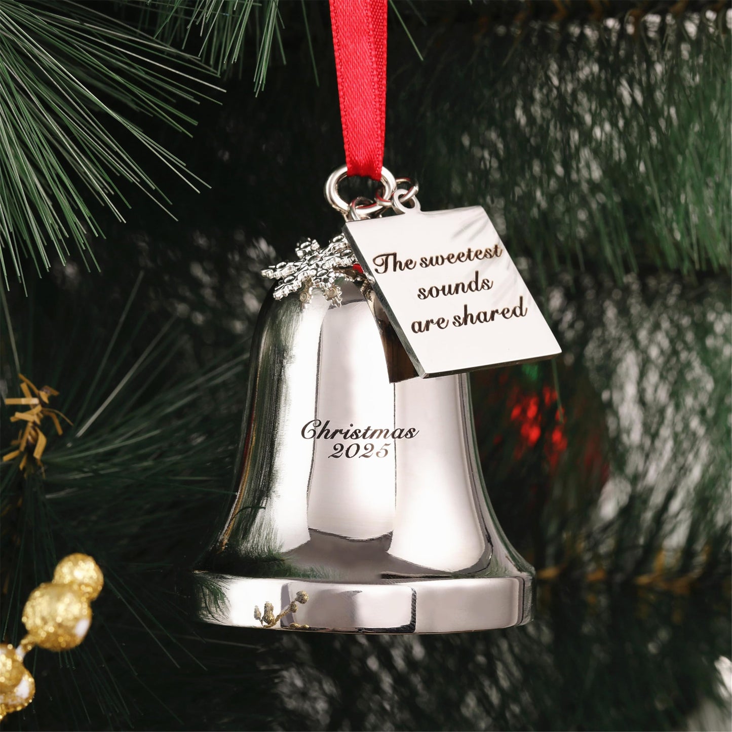 JUPPE 2026 Silver Christmas Bell Ornament with Snowflake Charm, Silver Metal Tag Engraved- The Sweetest Sounds are Shared, Red Ribbon (Silver 2)