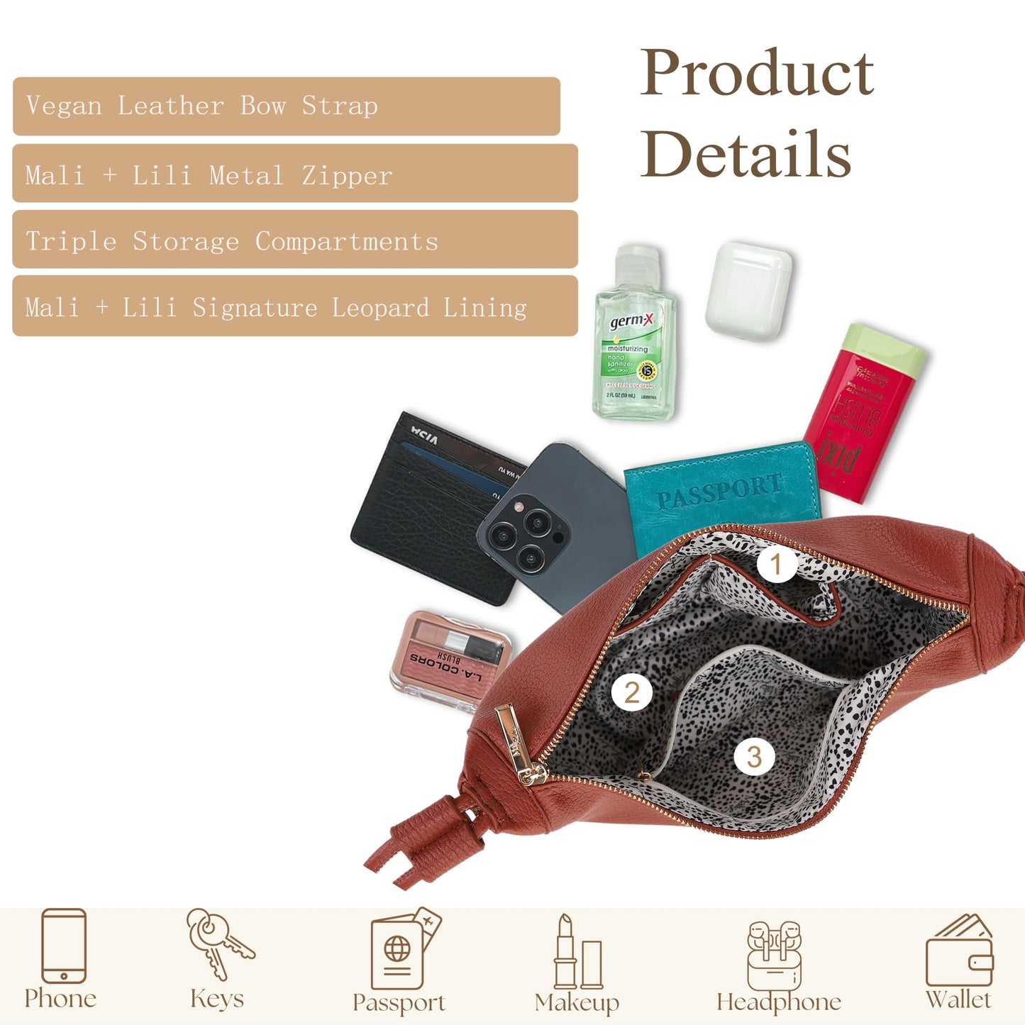 Mali+Lili Hobo Shoulder Bag for Women, Hobo Leather purses, Aria Convertible Crossbody Bags for Women, Women's Shoulder Handbags, Everyday Crossbody Purse, Cognac