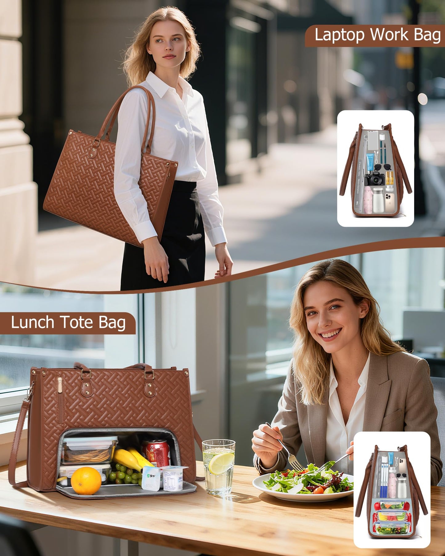 BAVERGE Lunch Tote Bag for Women, Vegan Leather 15.6” Laptop Bag with Insulated Compartment Quilted Purse for Work Teacher Nurse