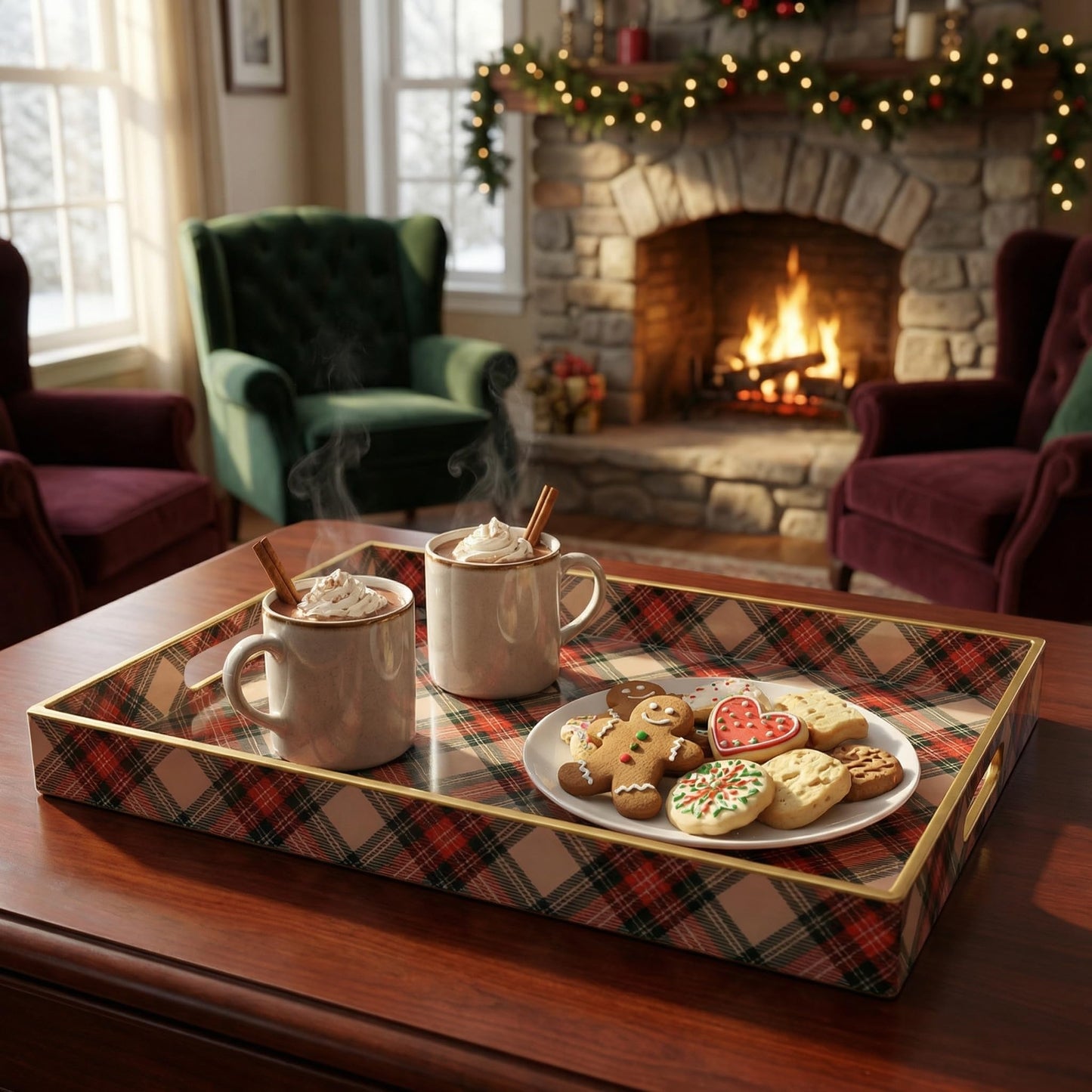 Umisriro Rectangular Decorative Tray with Handles, Plastic Serving Tray for Living Room, Home Decor, Christmas，15.7" x 11.8" Red Plaid