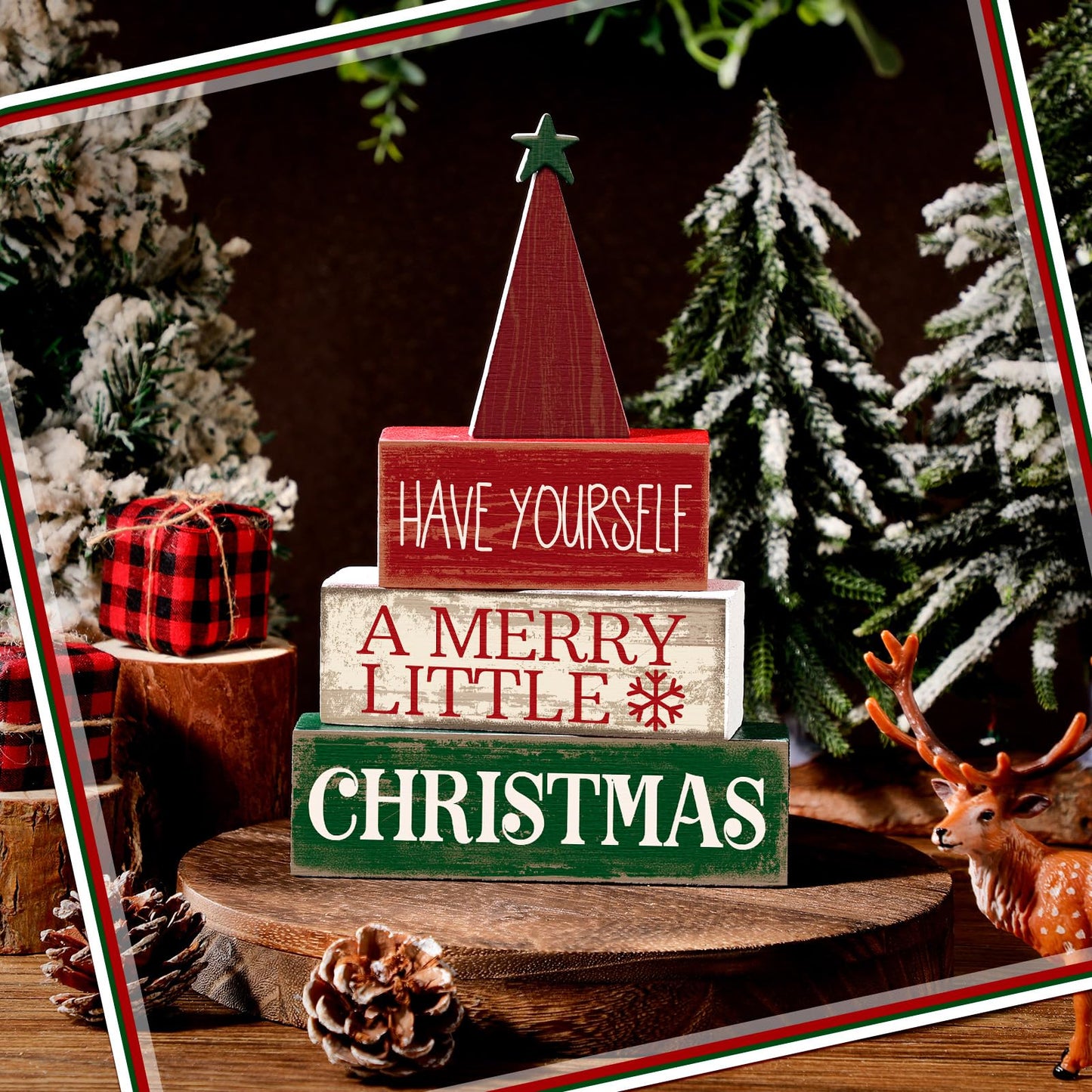 Moucuny 4 Pcs Christmas Decor Wooden Christmas Tree Winter Tiered Tray Decor Xmas Table Centerpiece Rustic Decorative Tree Block Signs Gift Farmhouse Winter Table Decoration for Home Kitchen