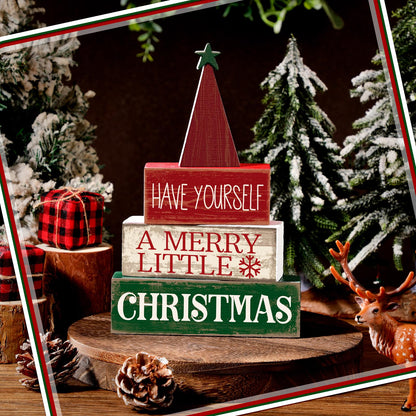 Moucuny 4 Pcs Christmas Decor Wooden Christmas Tree Winter Tiered Tray Decor Xmas Table Centerpiece Rustic Decorative Tree Block Signs Gift Farmhouse Winter Table Decoration for Home Kitchen