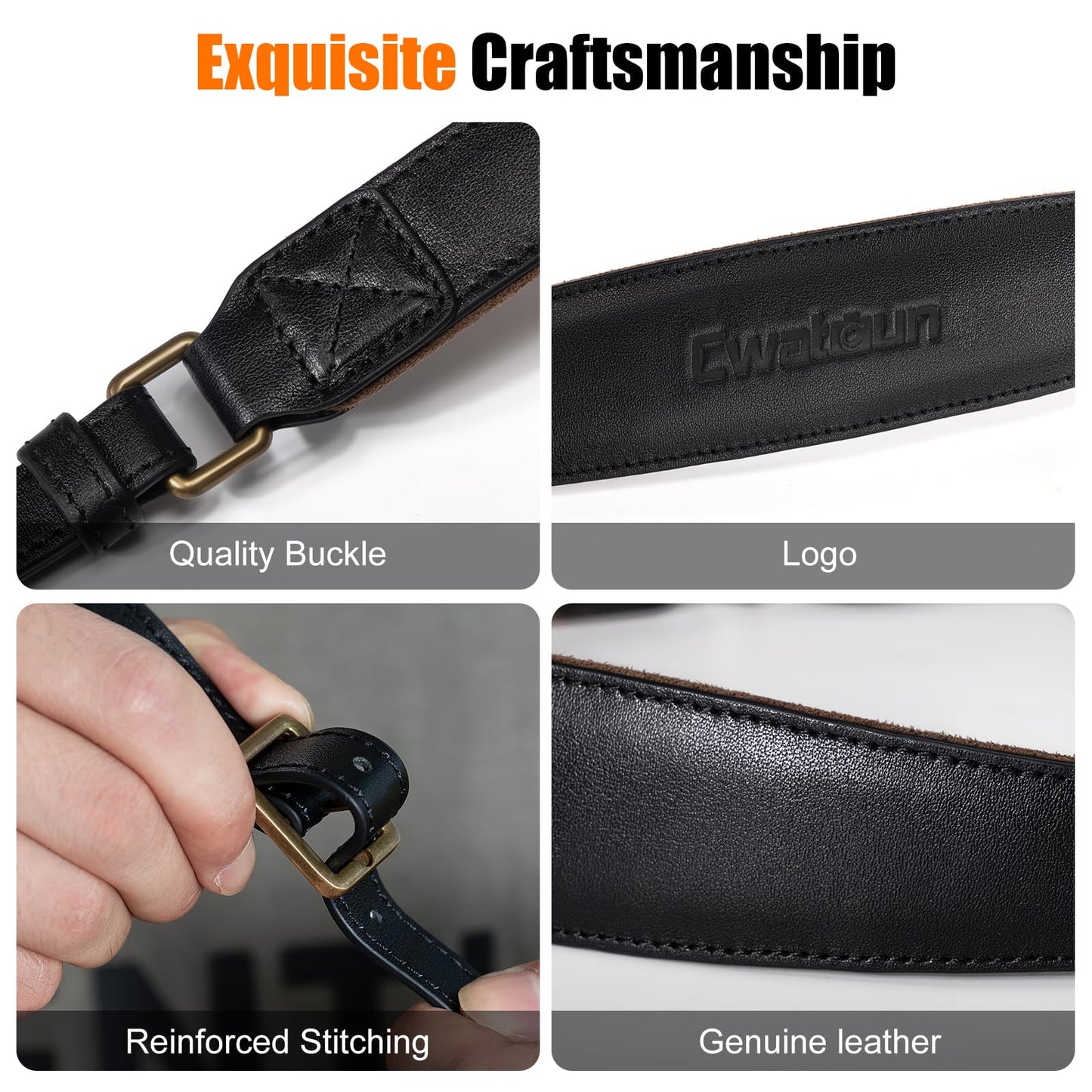 Cwatcun Genuine Leather Camera Strap, Adjustable Neck or Shoulder Sling Strap for Photographers for Nikon Canon Sony Olympus DSLR, Black