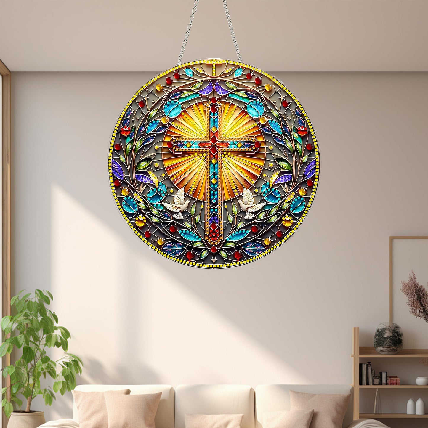 DIY Acrylic Diamond Art Painting Wreath Kits Special Shaped Rhinestone 5D Diamond Art Window Pendants Home Garden Wall Hanging Kits Hanging Ornament (Cross-1)