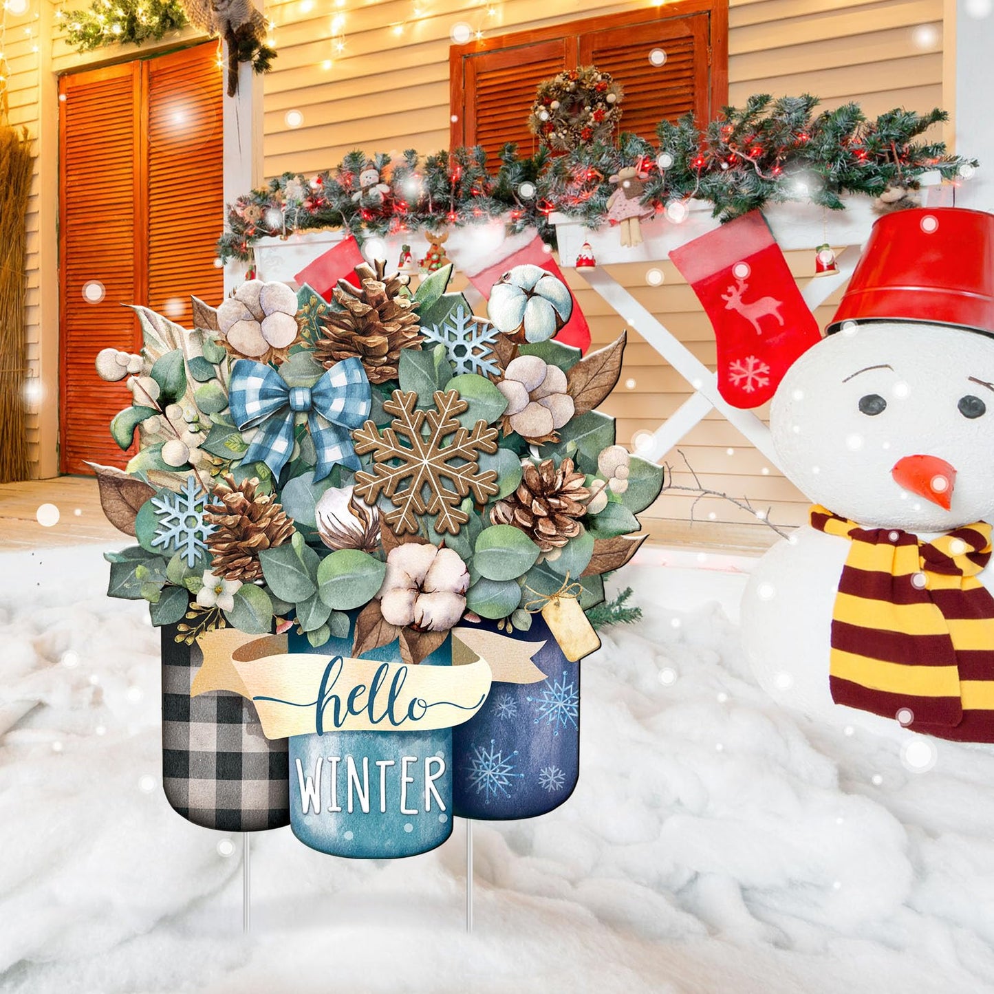 Memorywuu Metal Winter Christmas Decoration Hello Winter Yard Sign Stake 14.2 Inch Snowflake Mason Jar Outdoor Yard Decor for Christmas Party Outside Lawn Decorations Garden Patio Walkway
