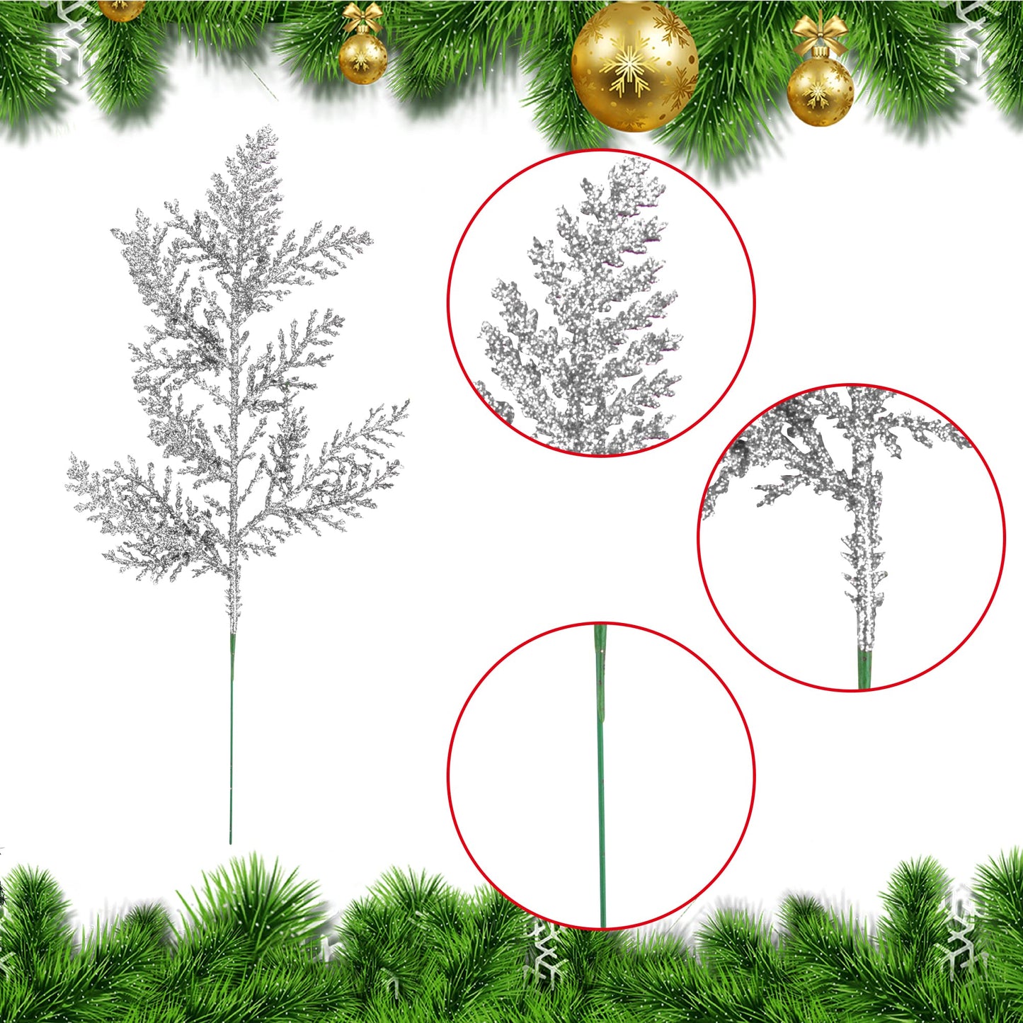 Watayo 30 PCS Glitter Artificial Pine Needles-10.6 Inch Fake Foliage Pine Stems Picks for DIY Garland Wreath Christmas Embellishing and Home Garden Decoration (Silver)