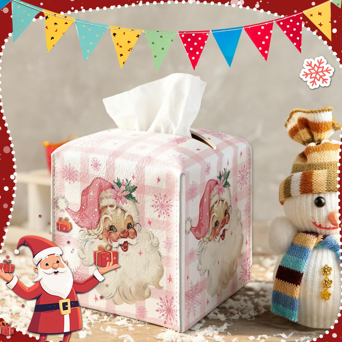 Christmas Box Cover Square, Santa Claus Pink Checkered Decorative Tissue Box Holder, Waterproof Leather Tissues Boxes Dispenser for Bathroom, Office, Car, Bedroom Nightstand, Home Decor