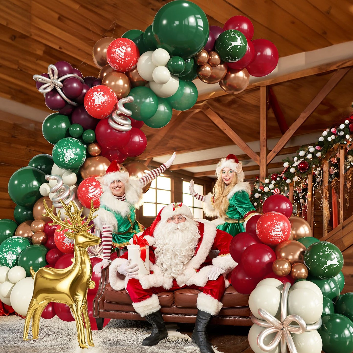 Retro Christmas Decorations Balloon Arch, Ruby Red Green White Balloon Garland with Bell Deer Print Metallic Bronze Gold Balloons Deer Foil Mylar Balloons for Xmas New Year Winter Festive Party Decor