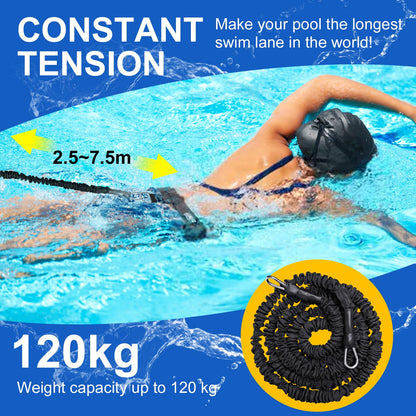 Swimming Training Belt 8-25FT Adjustable Swimming Resistance Belt, Stationary Harness for Any Pool Without Counter Current System (Black)