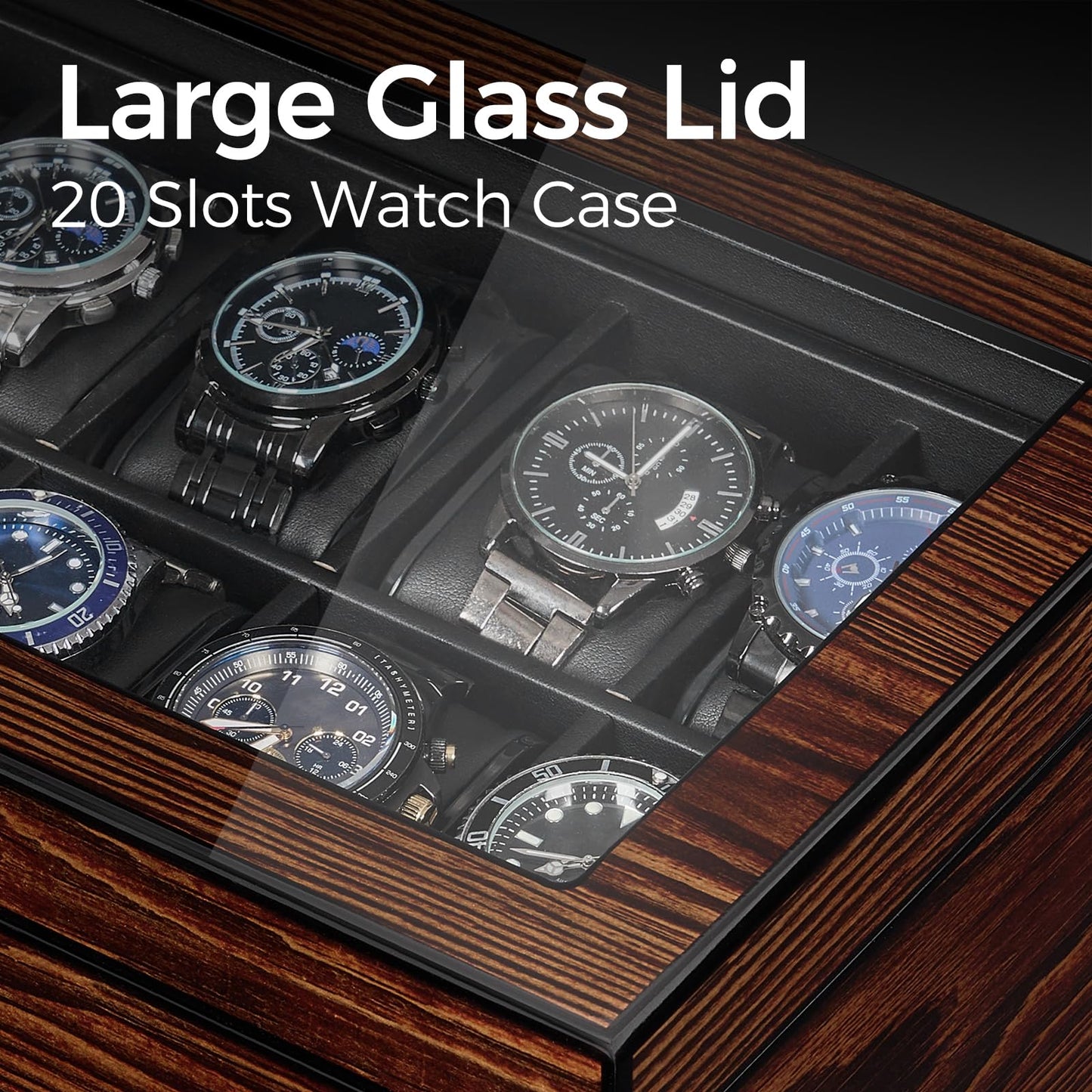 BEWISHOME High-End Watch Box, 20-Slot Watch Case with Large Glass Lid, Wooden Watch Cases for Men, Watch Storage, Watch Organizer, Synthetic Leather Interior, For Father's Day Brown SSH04Y