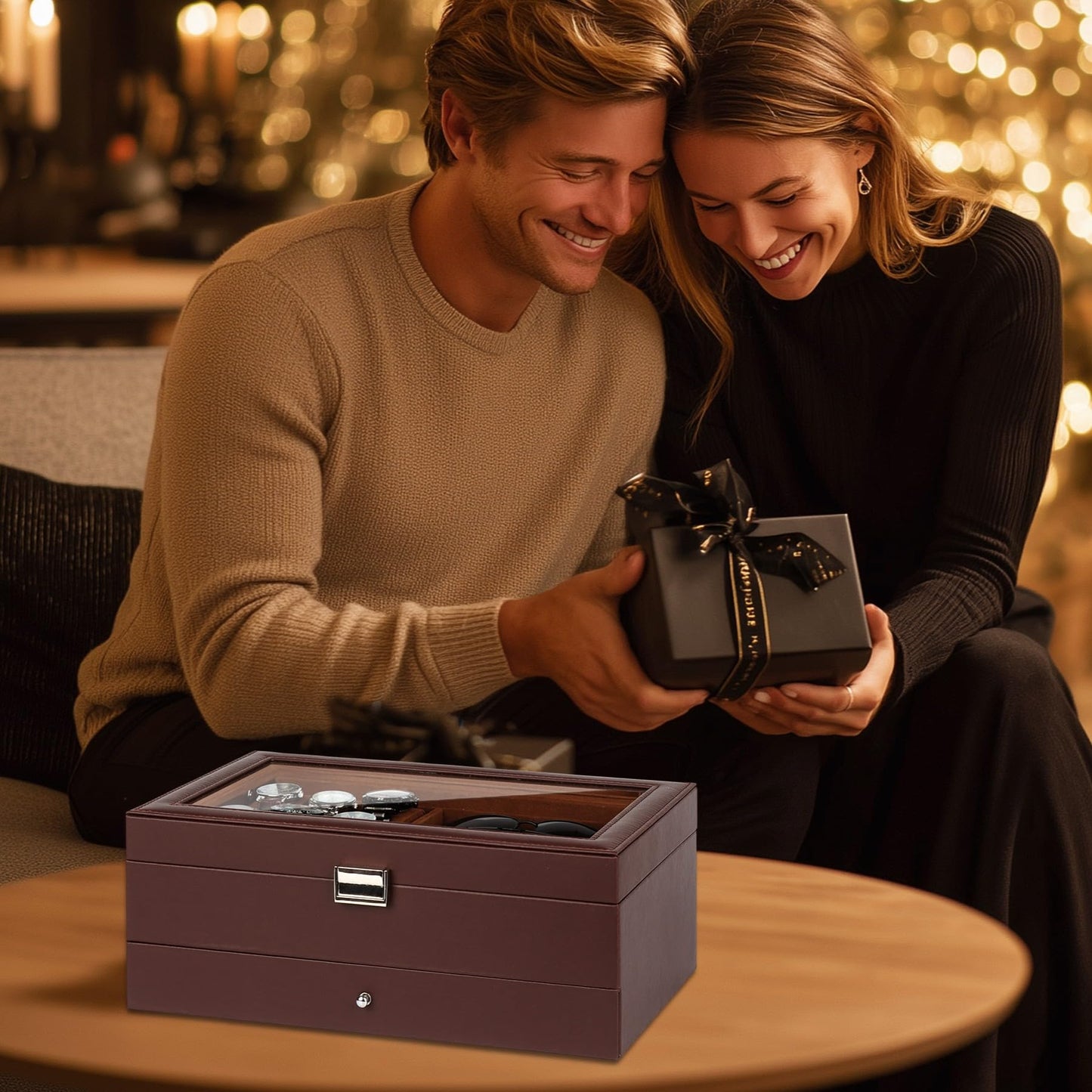 GLJ Jewelry Box for Men, 6 Slot Watch Box Jewelry Organizer With Drawer, Watch Case for Men with Large Window, 2-Layer Watch Holder, Sunglasses Storage Organizer, Velvet Lining, Fathers Day Gift