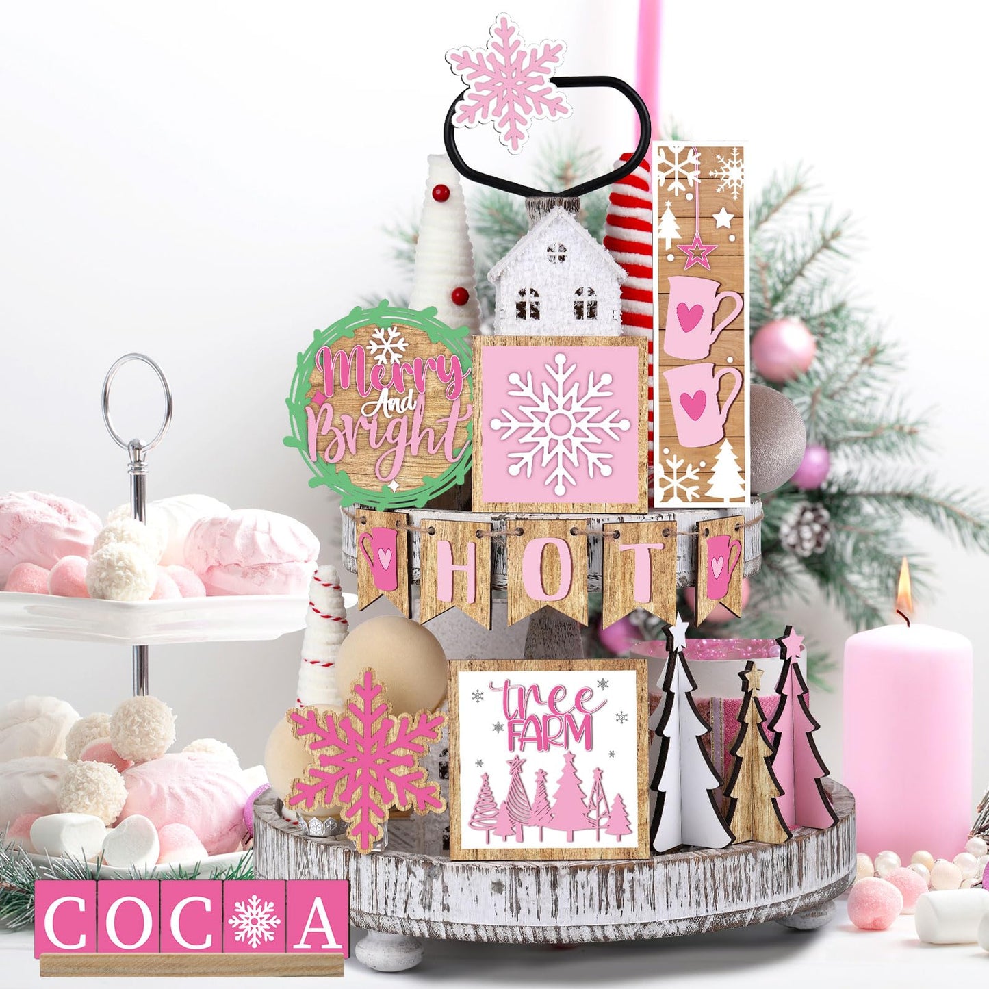 GlikCeil 19 Pcs Pink Christmas Tiered Tray Decor Winter Hot Cocoa Wooden Sign Snowflakes Coffee Table Decoration Rustic Farmhouse Winter Signs for Home Decor Tabletop Shelf Centerpieces