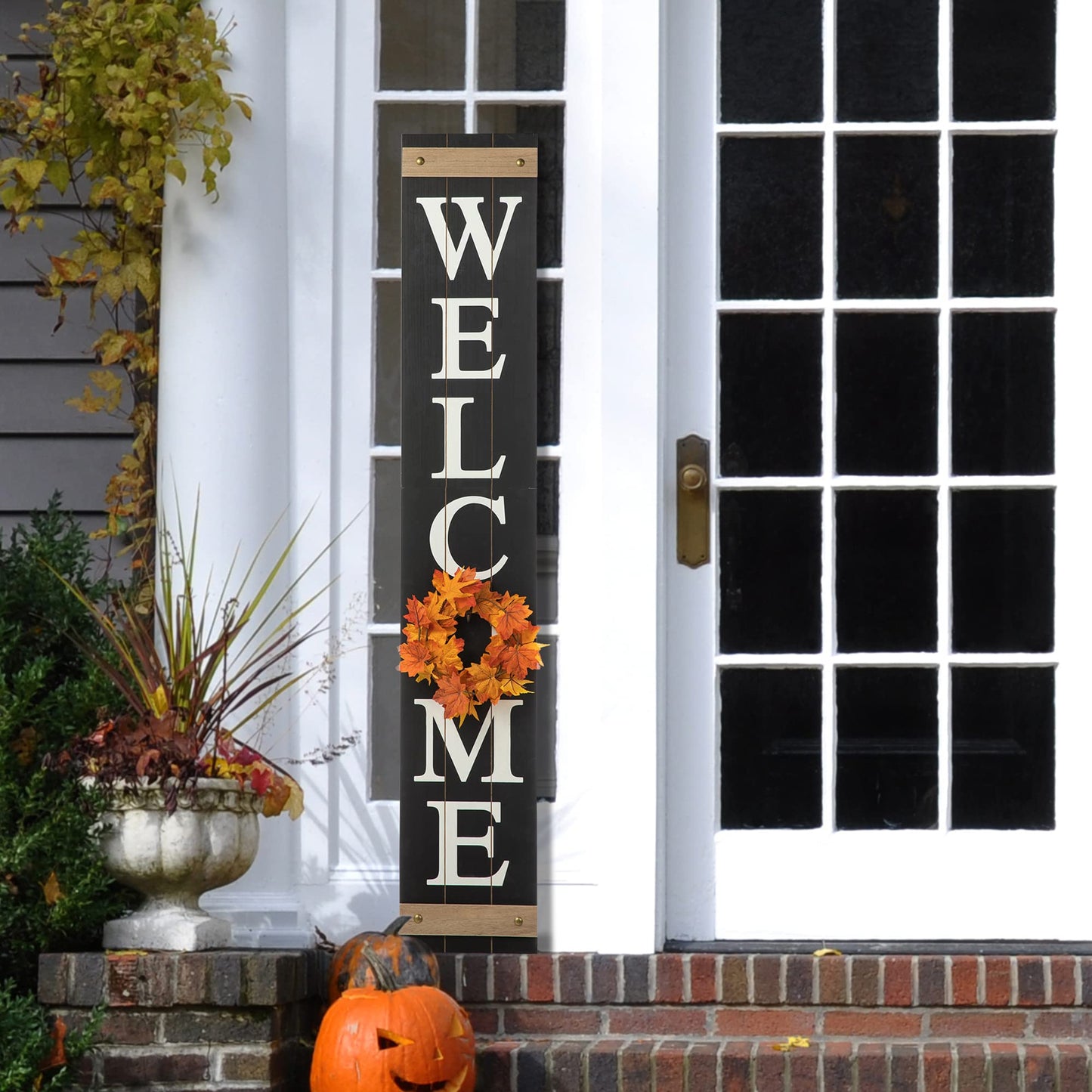 Glitzhome 60”H Welcome Sign for Front Door Porch Farmhouse Wooden Hanging Wall Sign with 4 Interchangeable Floral Wreaths for Seasons Spring Summer Fall Harvest Thanksgiving Christmas Home Decor