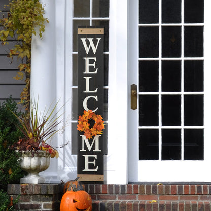 Glitzhome 60”H Welcome Sign for Front Door Porch Farmhouse Wooden Hanging Wall Sign with 4 Interchangeable Floral Wreaths for Seasons Spring Summer Fall Harvest Thanksgiving Christmas Home Decor