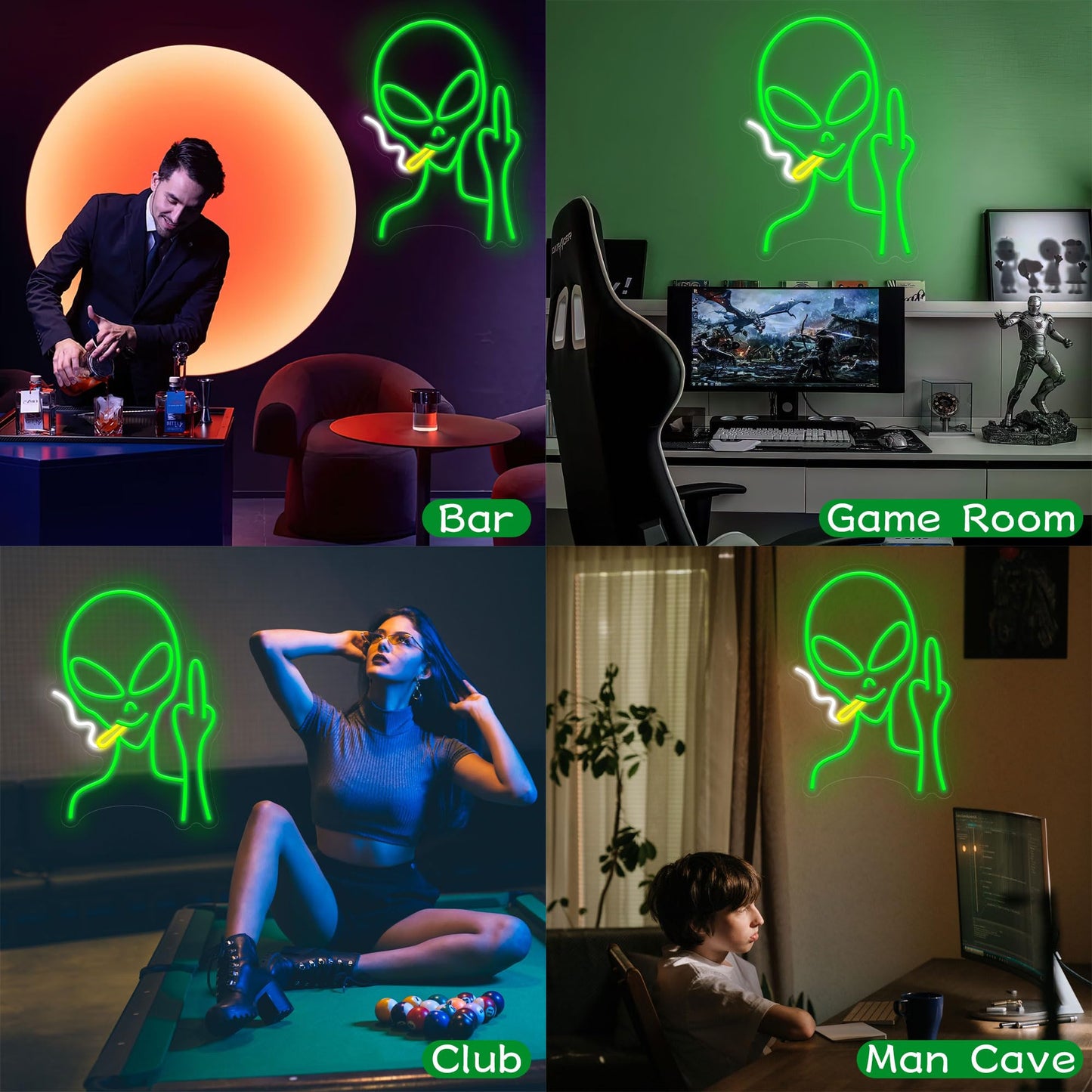 Green Alien Neon Signs, Dimmable LED Neon Signs for Wall Decor Bedroom Man Cave Game Room Home Bar Party Decor, LED Alien Neon Light for Kids Birthday Gift (Green Alien)