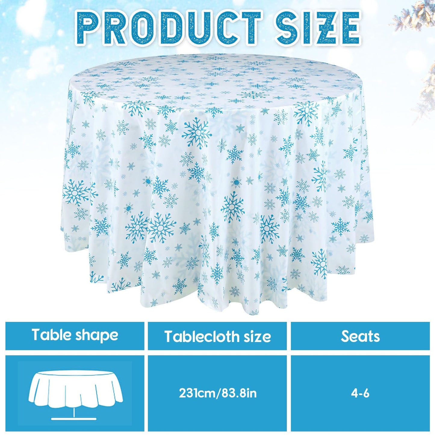 Sliner 6 Pcs Winter Round Plastic Tablecloth 84'' Winter Snowflakes Tablecloth Disposable Christmas Holiday Backdrop Sign Table Covers for Holiday Birthday Party Decorations (Blue,White)