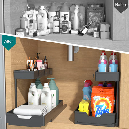 2-Tier Under Sink Organizers 2 Pack Sliding L-shape Cabinet Organizers Narrow Space Storage Shelves Multi-purpose Sink Organizer Baskets with 4 Hook for Kitchen Bathroom Drawer, Black