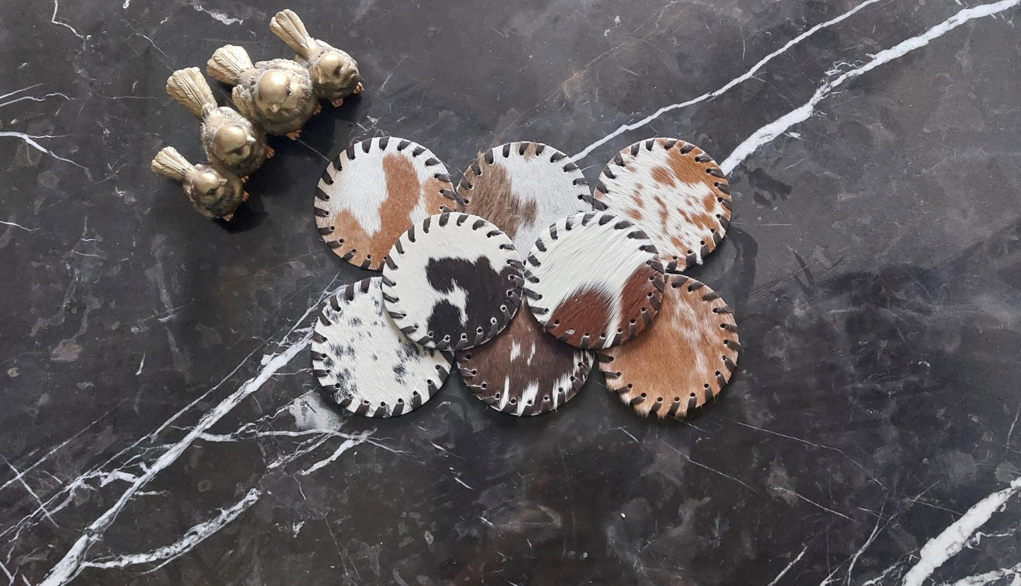 Cowhide Coasters Set of 6 pcs Round Natural Cowhides Drink Pads Hair On Genuine Leather Tea Cup Mats Home Decor & Home Living Ideas Multicolor Furry, Stain Protection