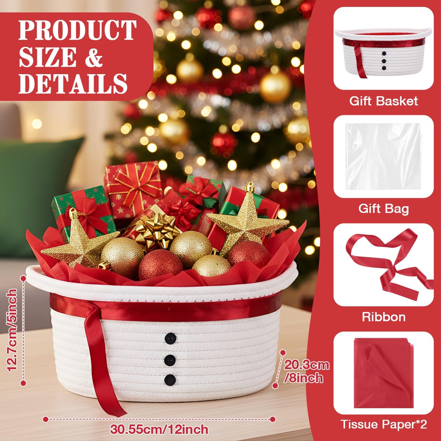 Zopeal Christmas Woven Basket with Gift Bag, Ribbon and Red Tissue Paper Snowman Empty Woven Bin Basket Holiday Decorative for Xmas Gifts, 12 x 8 x 5 Inch