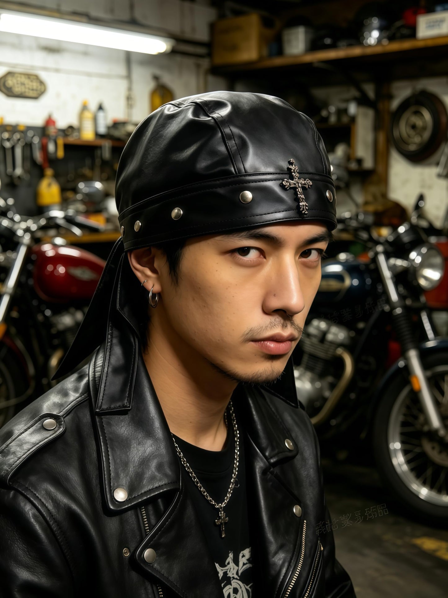 Leather Biker Skull Cap for Women Adjustable Skull-Studded Cross Motorcycle Hat with Snug Fit, Stylish Biker Head Wrap & Riding Cap
