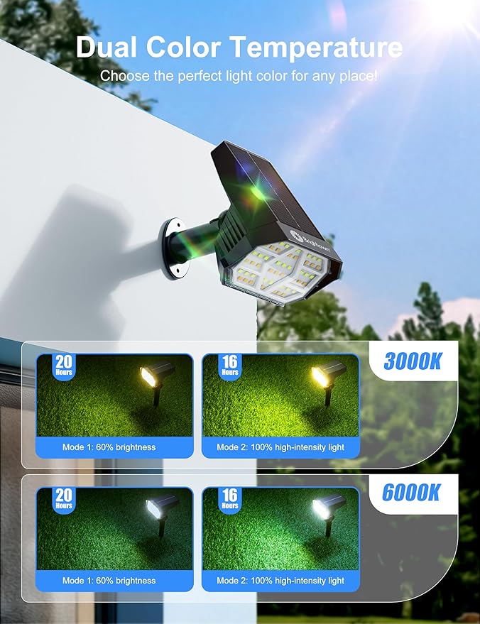 Brightown 6Pack Solar Spot Lights Outdoor [Cool & Warm Light 2-in-1], IP67 Solar Lights Outdoor Waterproof with 1800mAh, Two Mounting Methods Outdoor Solar Lights for Yard, Garden and Pathway