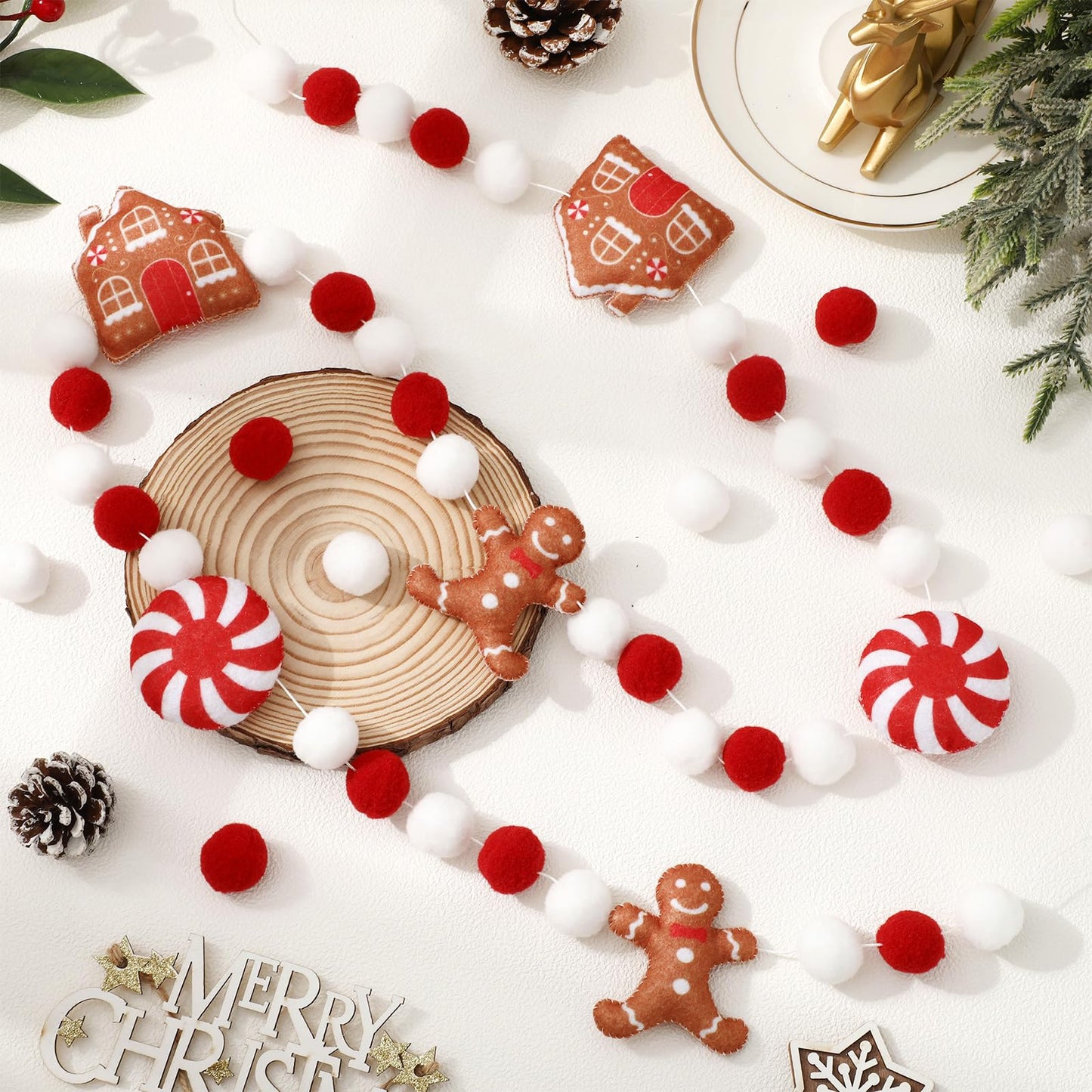 JarThenaAMCS 8.2Ft Christmas Felt Banner Hanging Garland 3D Gingerbread Man & House Red White Pom Ball Banner for Home Mantel Wall Window Decor Party Supplies