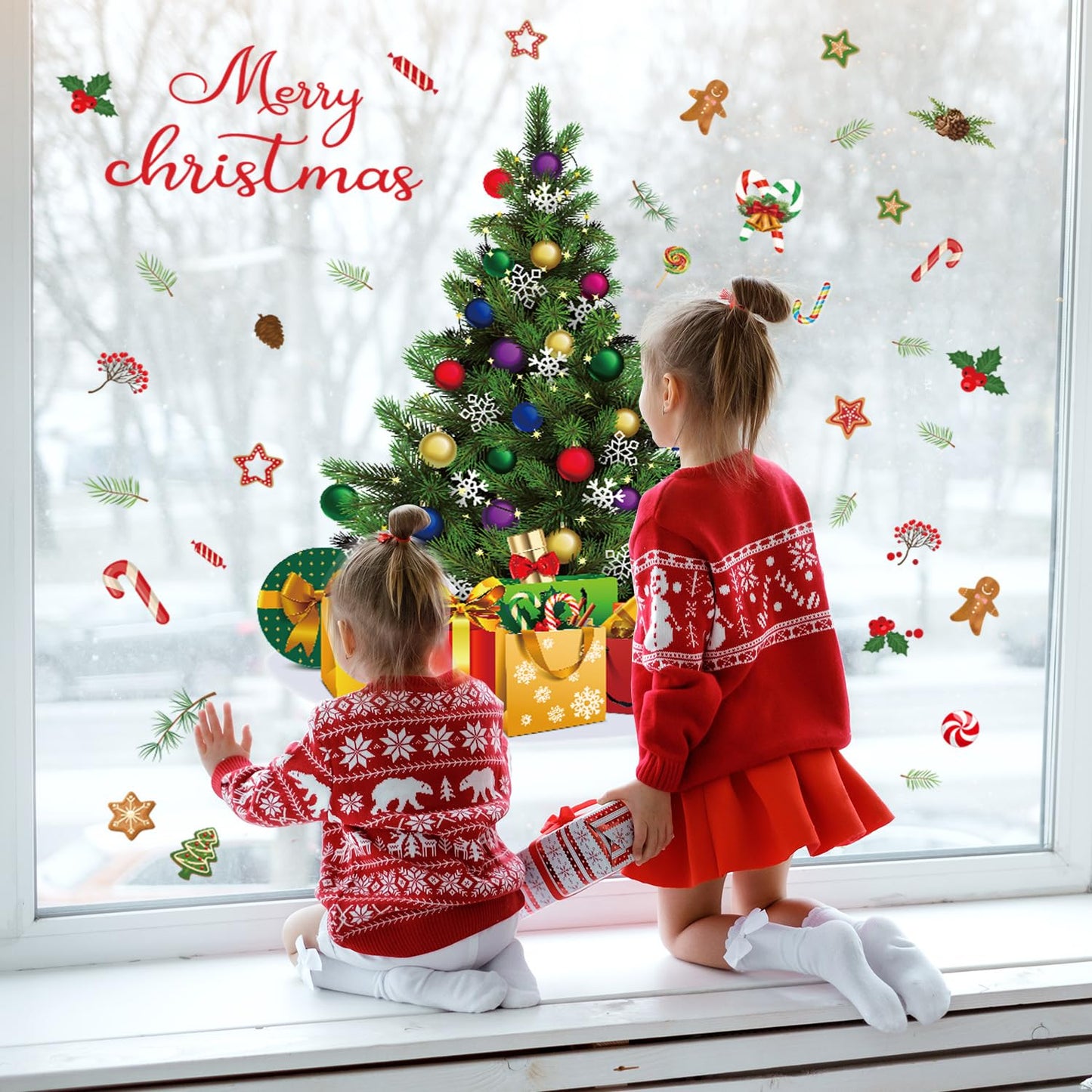 Amtoodopin Large Christmas Tree Wall Decals Xmas Pine Tree Wall Stickers Merry Christmas Quote Window Clings Peel and Stick Removable Vinyl DIY Wall Art for Nusery Playroom Bedroom