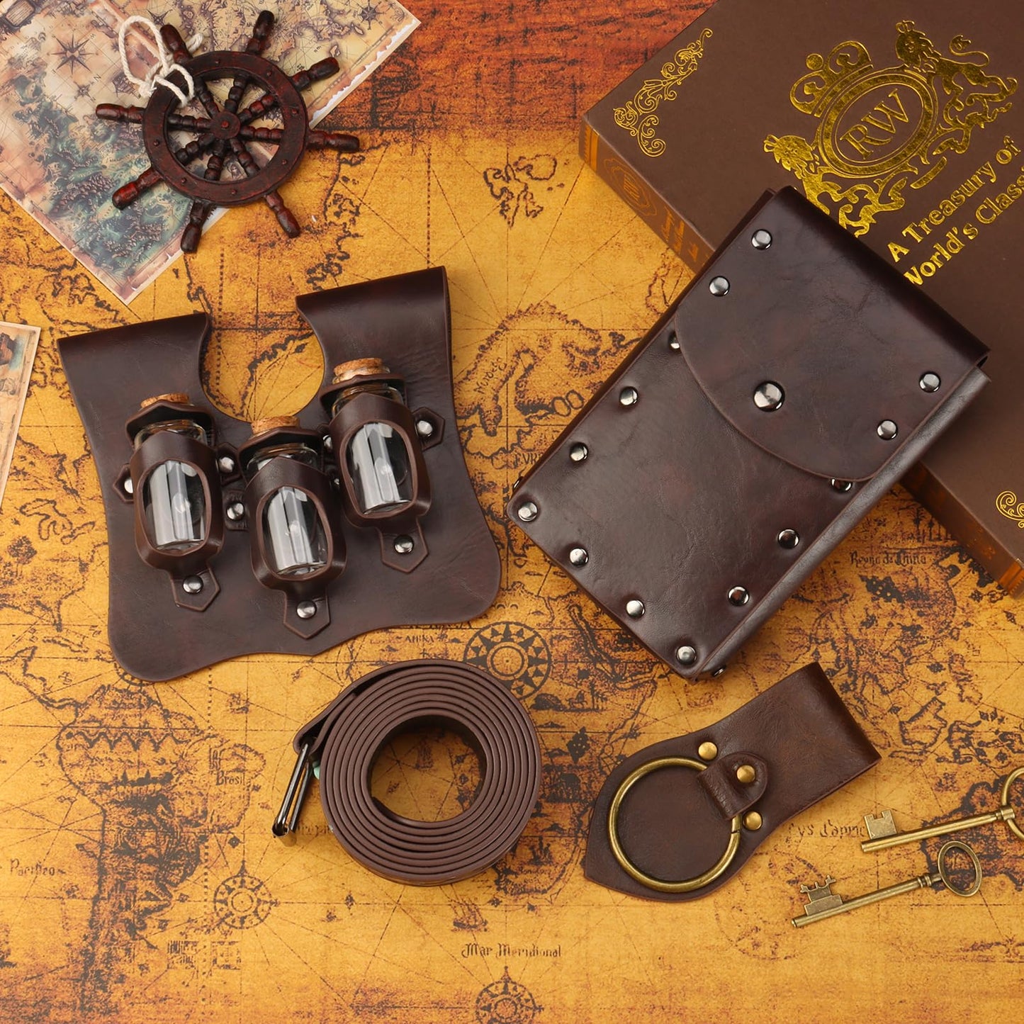 Renaissance Medieval Belt Viking Pouch Ren Faire Leather Potion Bottle Waist Bags Sword Holder Set for Knight Costume Cosplay