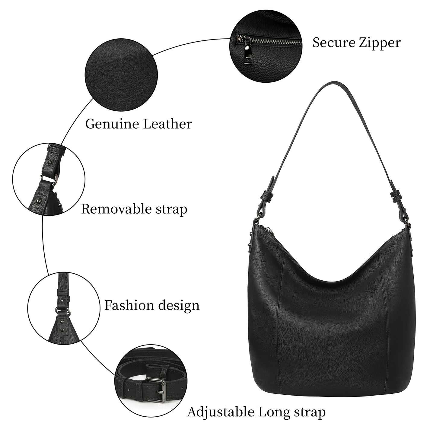 Iswee Genuine Leather Hobo Bags for Women Handbags Real Leather Purses Tote Black Slouchy Shoulder Purse Satchel Large Cross Body Bag (Black)
