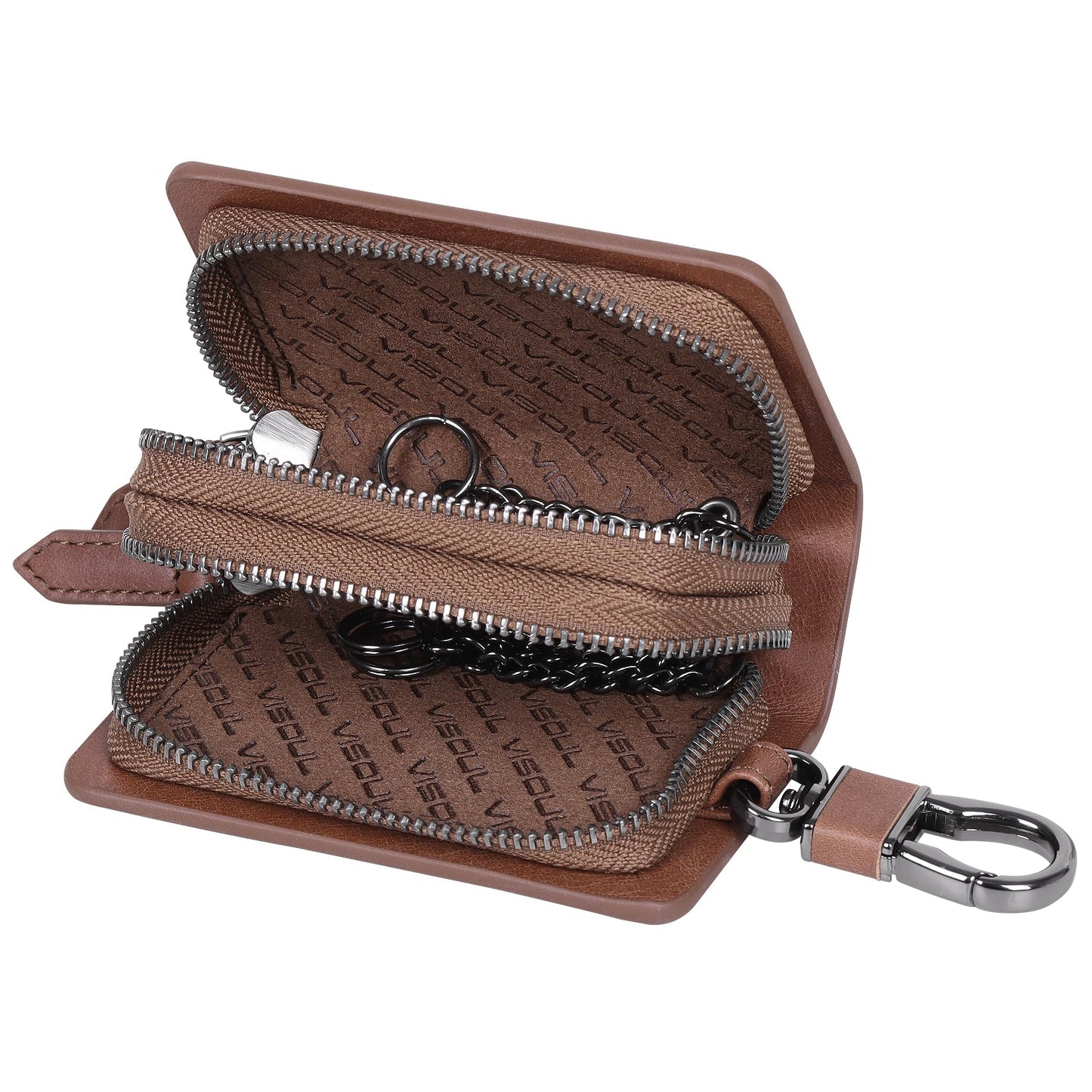 VISOUL Car Key Case Holder Double Zipper, Leather Car Smart Key Fob Case with Keychain for Men and Women-Brown