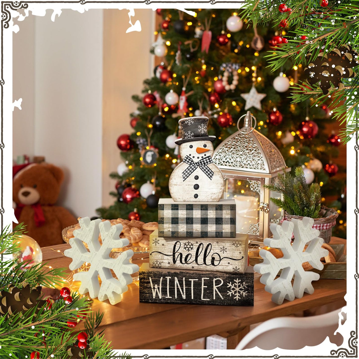 Colingmill 6 Pcs Snowman Christmas Decor Winter Table Decorations Xmas Tiered Tray Decor Wooden Snowman Snowflake Signs Christmas Table Centerpiece for Farmhouse Home Kitchen Shelf Office Decoration