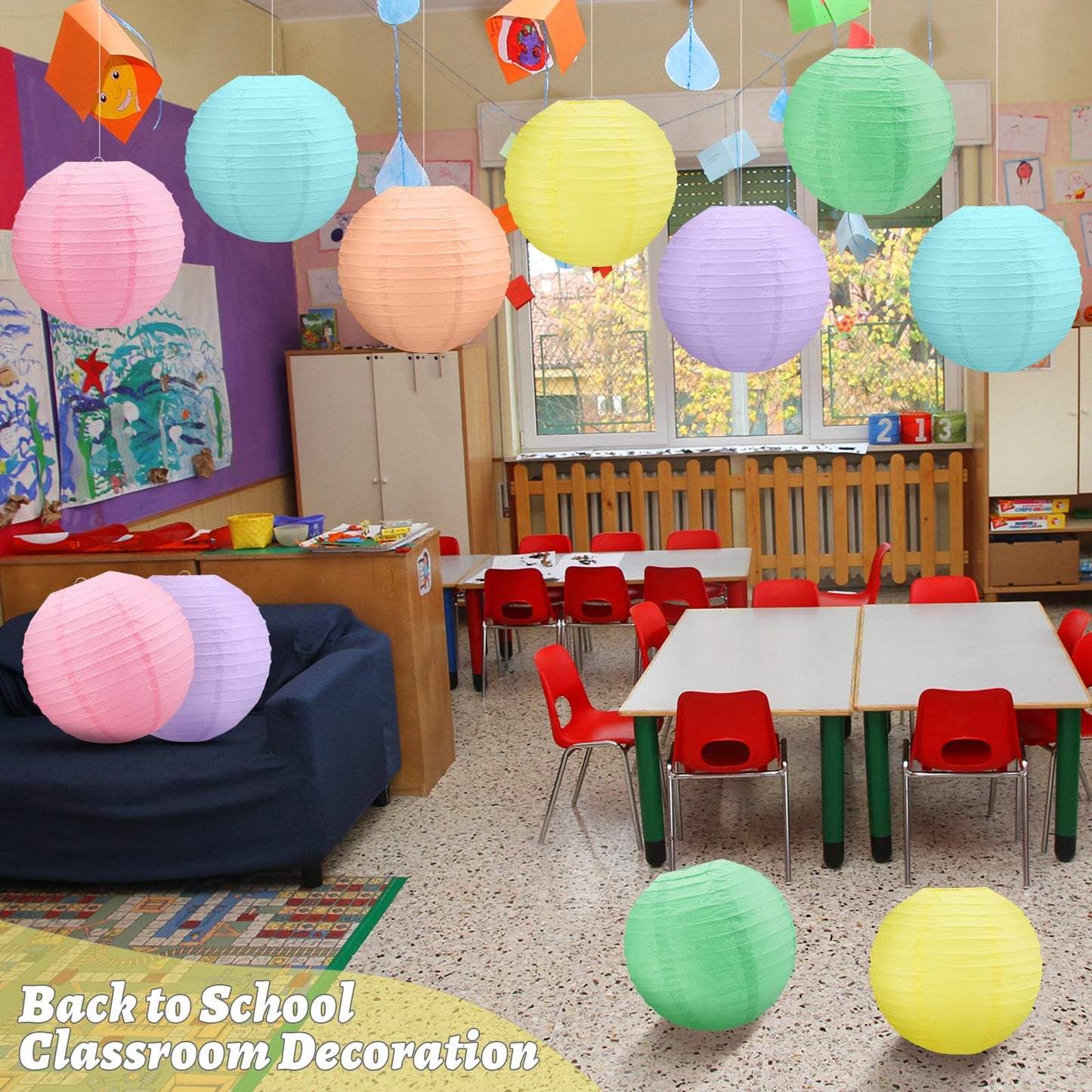 Retisee 12 Pcs 10 Inch Hanging Paper Lanterns Party Decorations Cute Pastel Classroom Decor for Birthday Back to School Party Decoration for Classrooms Wedding Birthday Ceilings