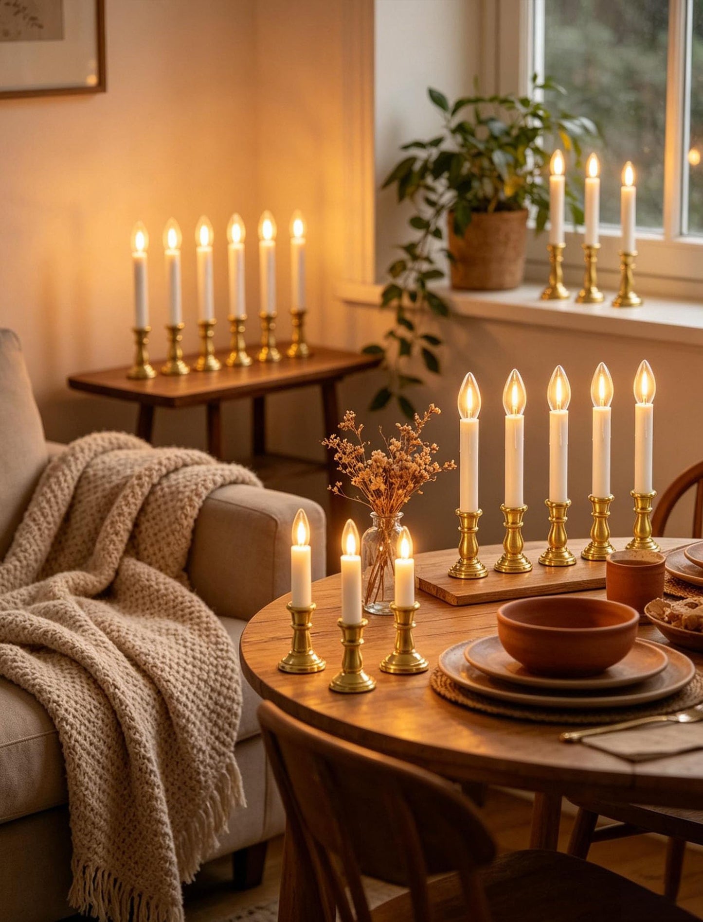10 Pack Flameless Window Candles with Timer (6H/18H), Christmas Warm White LED Candlesticks, Gold Base & Suction Cups, Battery Operated Window Lights for Indoor Home, Wedding, Party & Holiday Décor