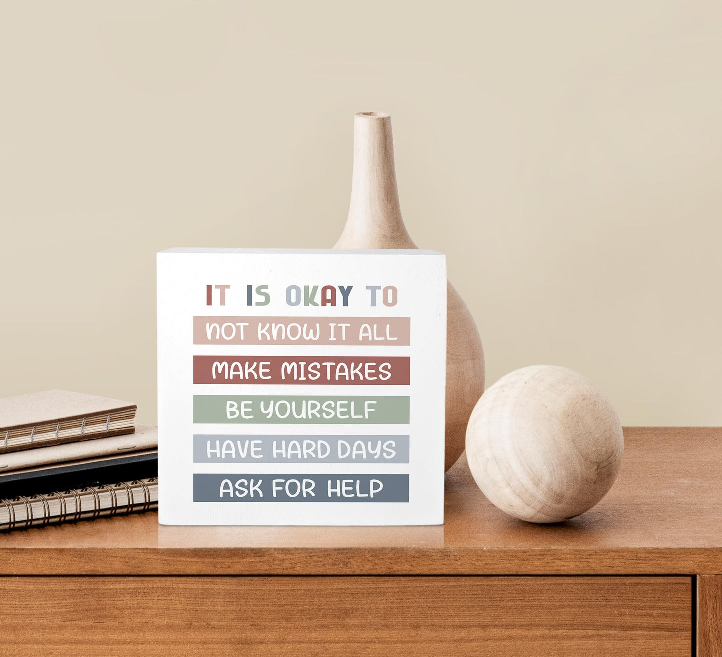 KU-DaYi It is Okay to Mental Health Wooden Box Sign, Teacher Desk Decor, Inspirational Boho Office Classroom School Therapy Reading Corner Wall Shelf Table Wooden Block Plaque Desk Decor 5x5 Inch