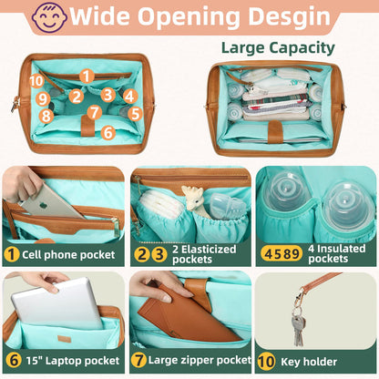 MOMINSIDE Diaper Bag Backpack, Leather Diaper Bag Baby Bag Large Baby Diaper bag Mommy Bag with 16 Pockets,Hospital Bag, Changing Pad, Brown
