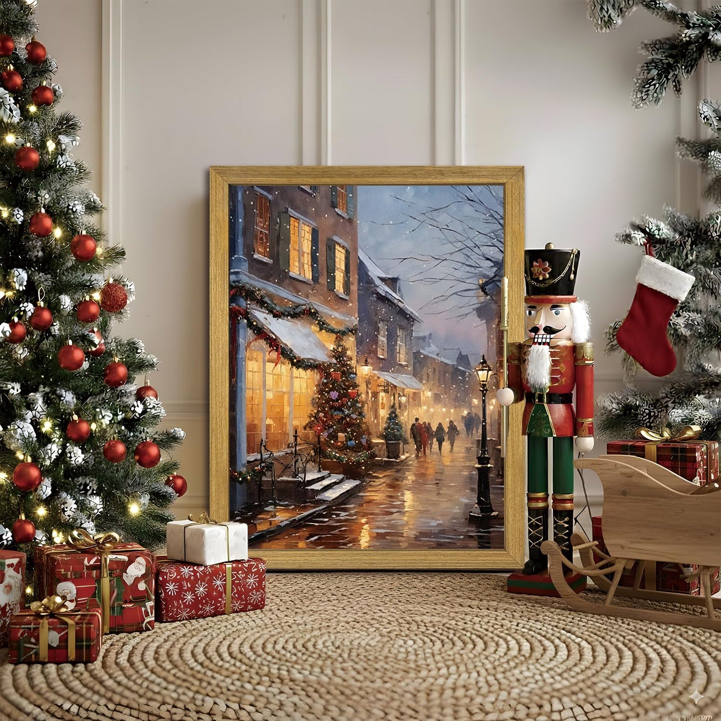 Vintage Christmas Wall Art, Christmas Tree Farm Scene with Red Barn, Rustic Winter Snow Street Canvas Print, Framed Holiday Oil Painting for Living Room Bedroom 12x16 Inch