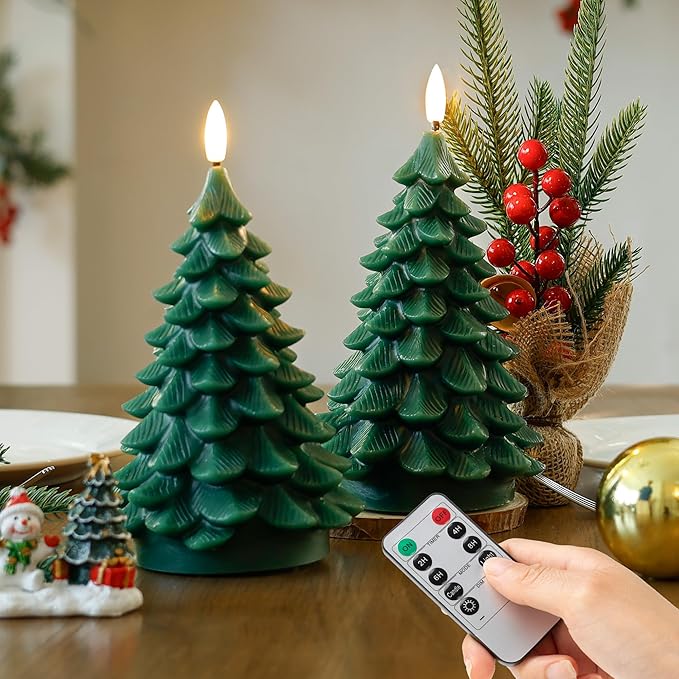 Christmas Tree Candles with Remote, Green Battery Operated Candles with Flickering 3D Wick, Real Wax LED Flameless Candles for Holiday Table Centerpiece, Xmas Eve Party Decor, 2 Pack