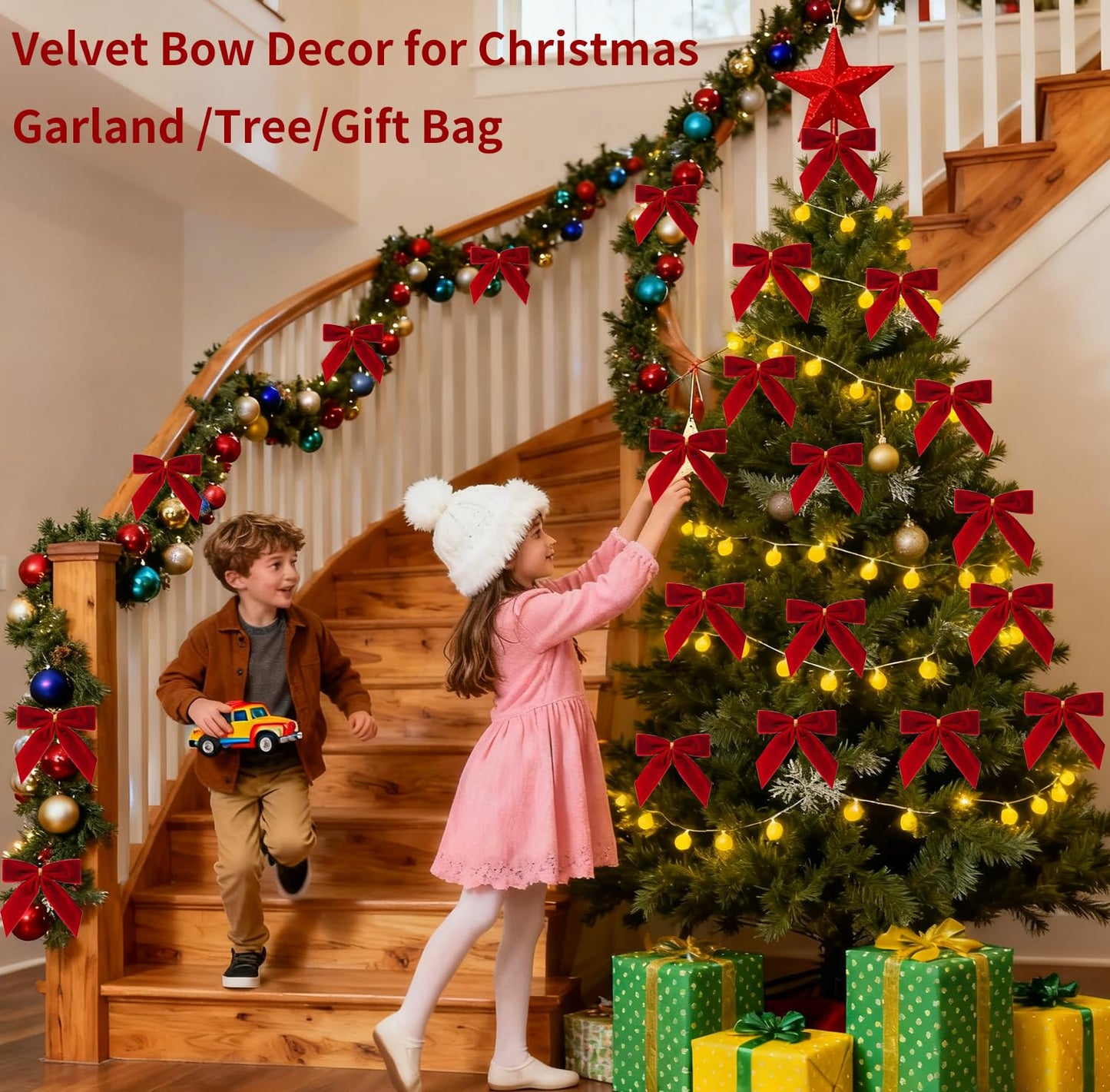 24 Pcs Red Small Velvet Christmas Bows for Christmas Tree Decorations, 3.5 Inch Xmas Velvet Ribbon Bow Ornaments for Christmas Farmhouse Tree Wreath Garland DIY Craft Gift Wrapping Decorative, 1" W