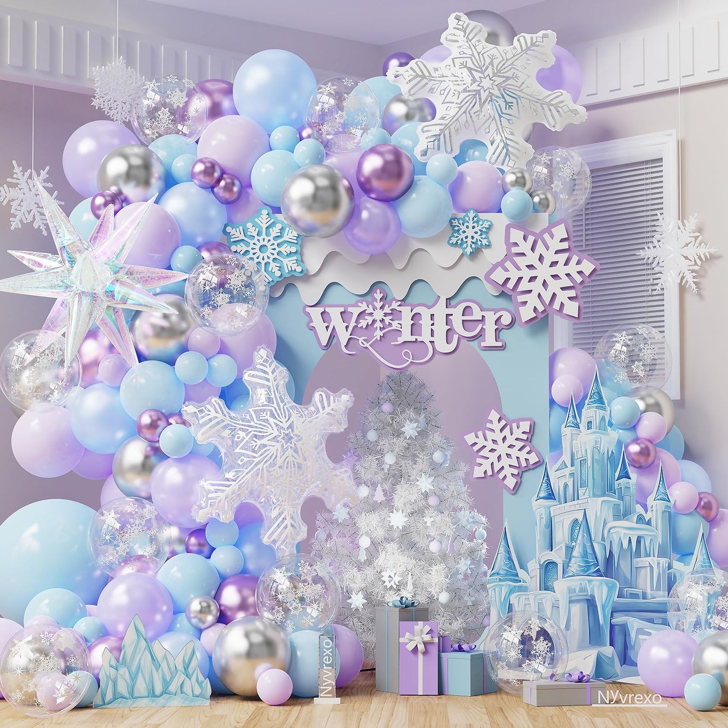 Winter Wonderland Decorations, 162Pcs Snowflake Blue Purple Balloons Arch Garland Kit with Ice Snow Iridescent Explosion Star Foil Balloons for Baby Shower Christmas Birthday Party