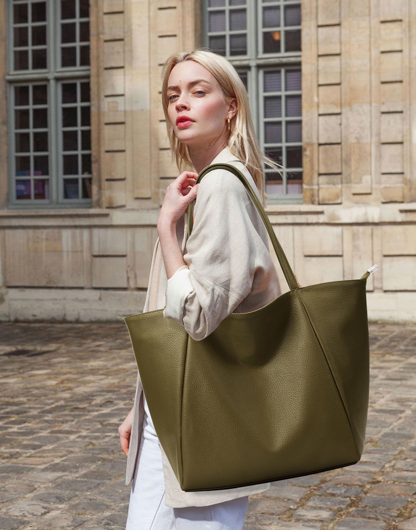 KALIDI Large Tote Bag Vegan Leather Casual Zipper Work Bag Weekender Hobo for Women 16L Oversize Shoulder Travel Purse, Olive Green