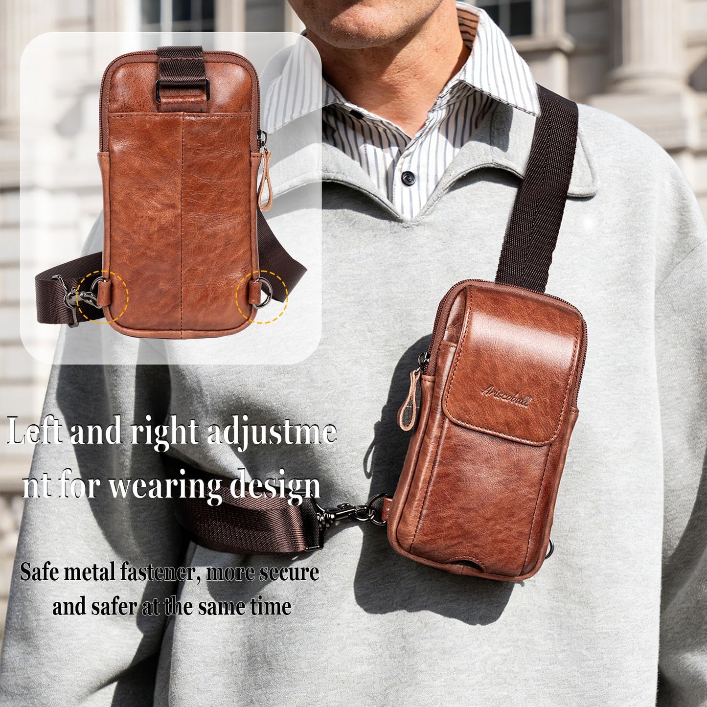 Ariscobull - Small Crossbody Bag for Men Women - Genuine Leather Mini Sling Bag with Charging Port - Travel Hiking Phone Daypack Cross Body Shoulder Bags (Coffe)