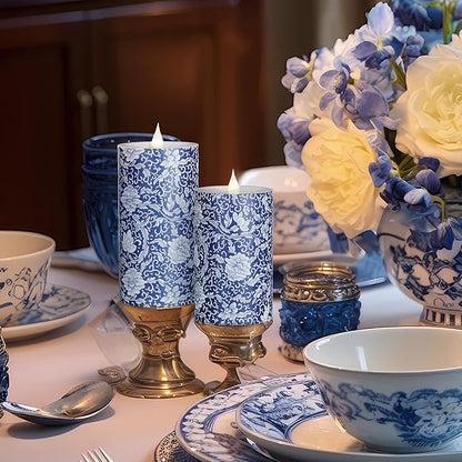 Baquler 3 Pcs Chinoiserie Flameless Pillar Candles Blue and White Floral Candles Battery Operated Decorative Porcelain LED Candlestick for Home Wedding Table Party Decoration