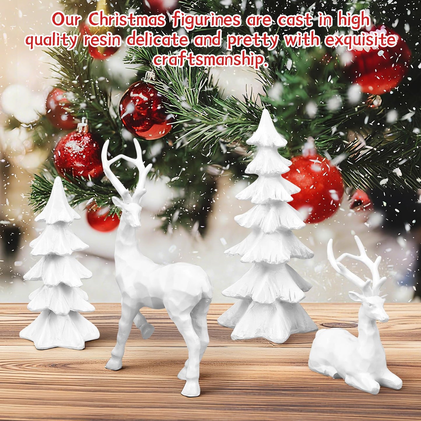 4-Piece White Christmas Tree Figurines and Resin Elk Sculpture Winter Reindeer Decor Resin Christmas Trees,Tabletop Tree Artificial Animal Crafts for Indoor Home Decor,Tabletop Mantle Cabinet Desktop