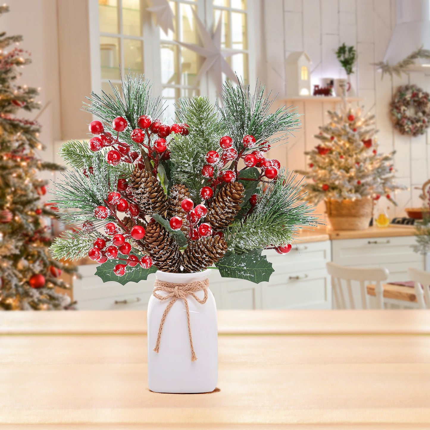 Sggvecsy 6 Pack Snow Frosted Christmas Berries Pine Picks Artificial Red Berry Pine Branches Frosted Faux Pine Stem with Pine Cones Holly Berry Leaves for Xmas Tree Wreath DIY Craft Holiday Decor