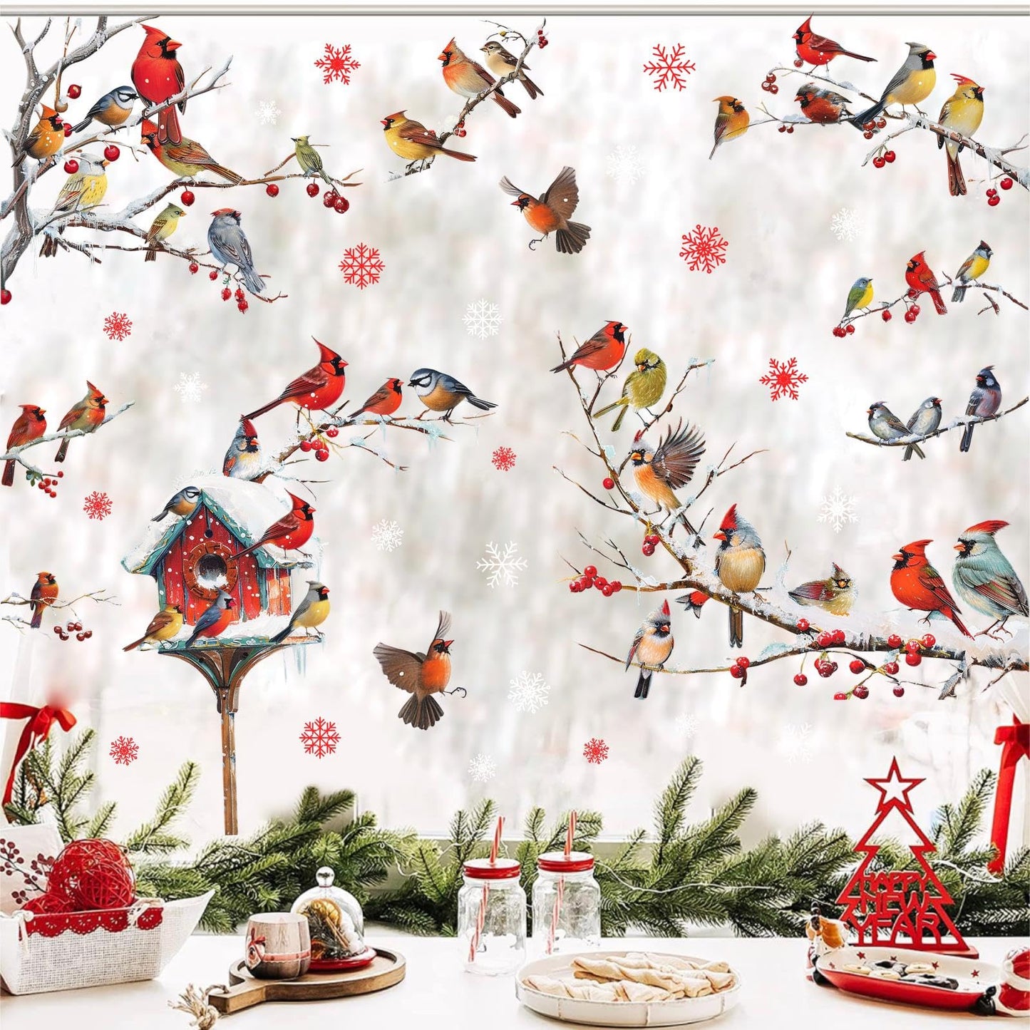 Winter Window Stickers Christmas Window Clings Double-Sided Xmas Sticker for Indoor Outdoor Decor Winter Birds Tree Branch Windows Decals for New Year Christmas Holiday Party Living Room Home Decor