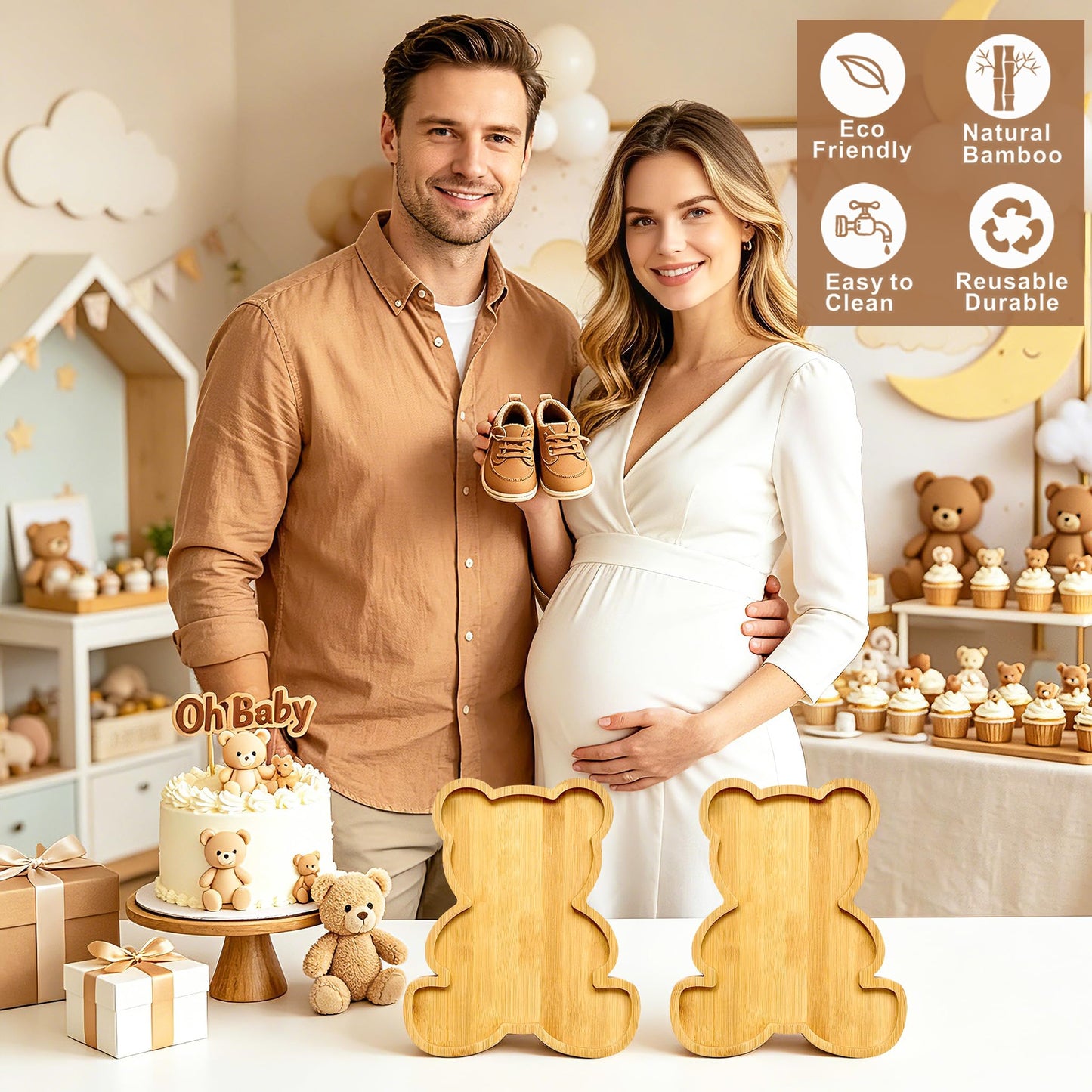 2pc Charcuterie Boards Platters Bear Baby Shower Food Trays Wooden Bear Party Decorations Gender Reveal Food Display Snack Tray Kids Birthday Party Plates Fillable Serving Board for Fruit Cheese