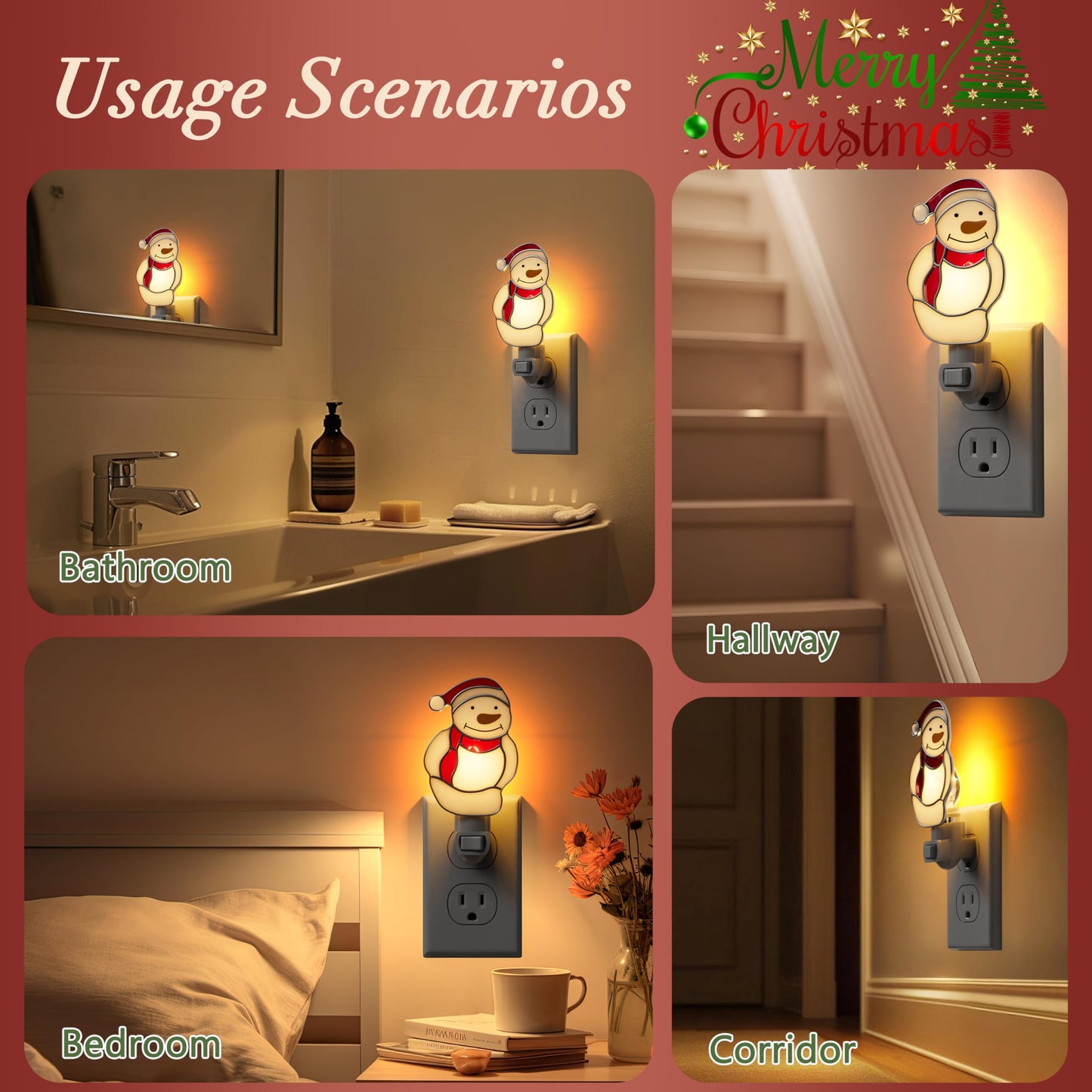 KUNDGLA Night Light Plug into Wall Stained Glass Christmas Snowmen Pretty Night Lights Plug in 7W Warm White Light Decorative Accent Nightlight Silver Chrome Nightlights Home Decor Gifts for Grandkids