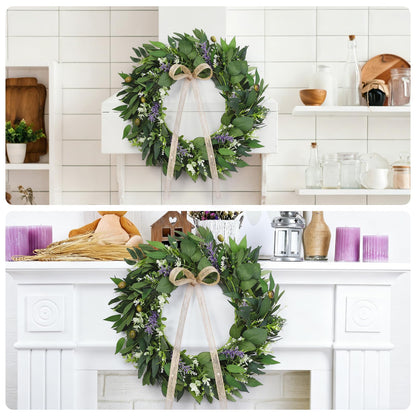 Ovveroche 22Inch Summer Eucalyptus Wreath for Front Door Greenery Wreath Door with Olive Boxwood Leaves Bow for Spring Summer All Season Outdoor Home Decor