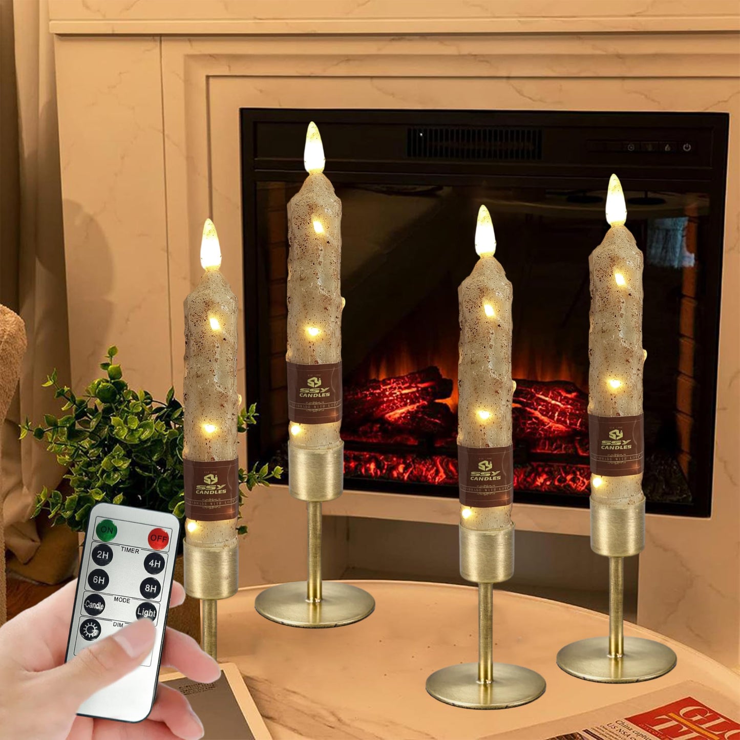 6.5 inch Natural Wood Color Flameless Taper Candles LED Flickering with 10-Key Remote, Battery Operated Led Warm 3D Wick Light Window Candles Real Wax Pack of 4, Christmas Home Wedding Decor