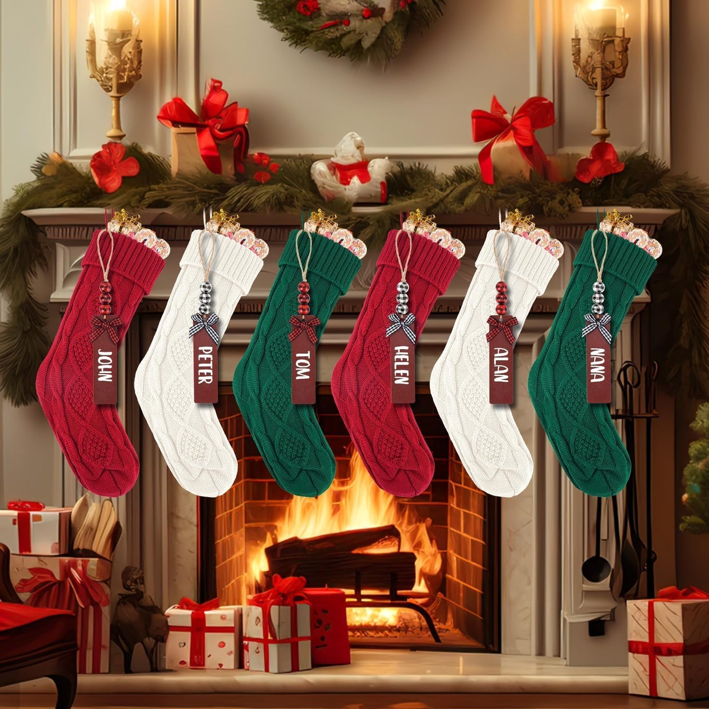 DigiGlow 6PACK 18Inch Cable Knitted Christmas Stockings, Personalized Hanging Stockings for Holiday Party, Christmas Tree, and Family Home Decor in Red, White, Green